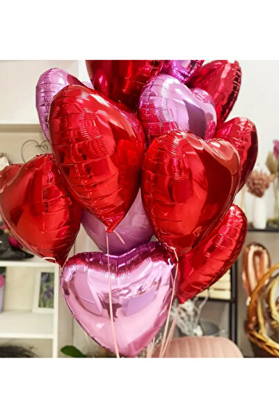 Çemrek Süs Parti Pink Red Heart Balloon Foil 18 Inch 10 Pack