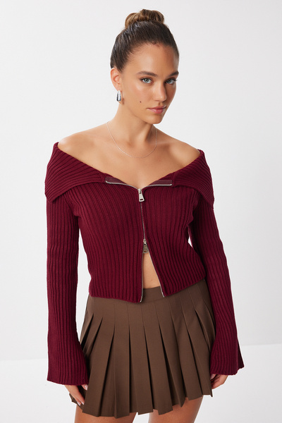 Lovelyİstanbul Zippered Crop Knitwear Cardigan Lmt0031 Bordo