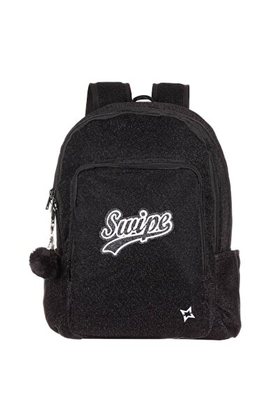 OEM Ghiozdan Textil Negru Glitter Swipe cu Breloc Pompon