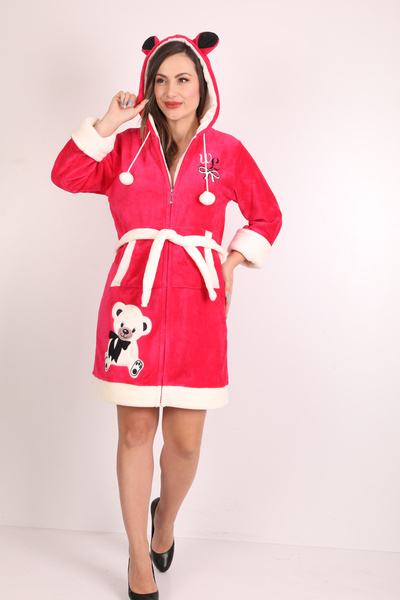 Wild Love Women's Hooded Embroidered Zippered Short Dressing Gown