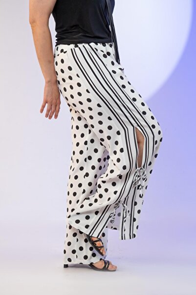 Roxxlen Γυναικείο λευκό παντελόνι με λεπτομέρεια με κορδόνια με πουά