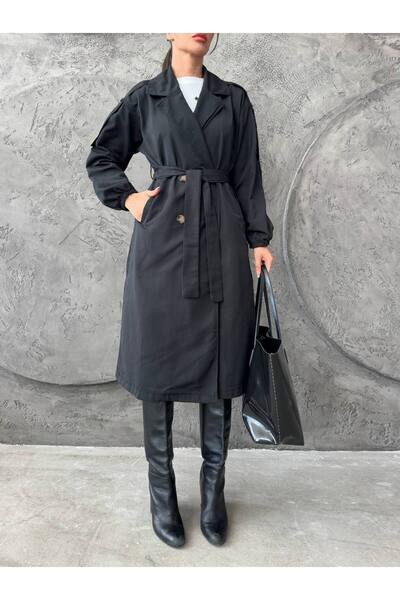 Genel Markalar Kadın Siyah Kemerli Uzun Trenchcoat Şık & Minimal Tasarım