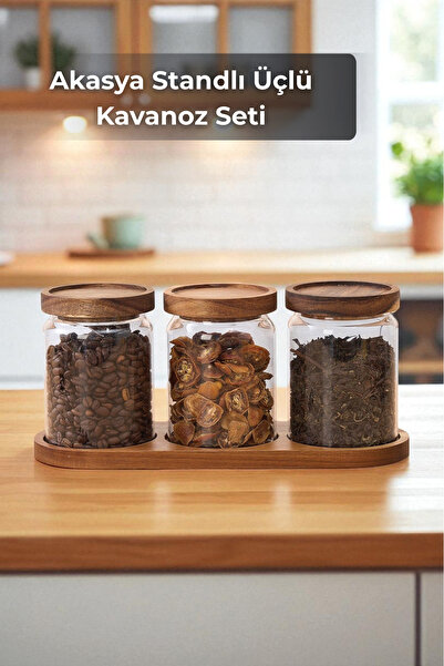Sevinse Home Üçlü Akasya Kapaklı Standlı Kavanoz