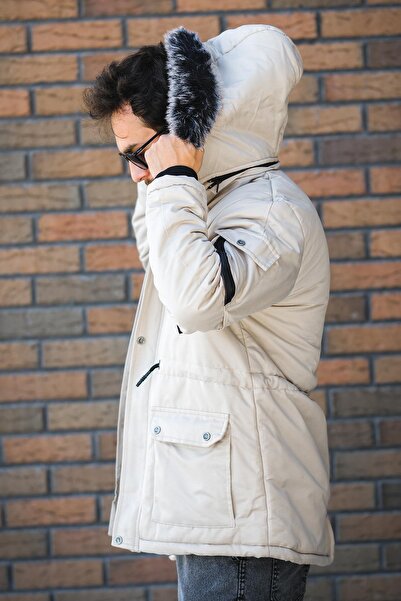 Oksit Remo Fur Lined Hooded Canvas Long Coat Parka