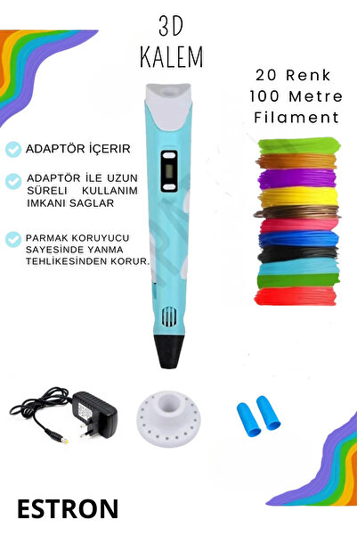 ESTRON Mavi 3d Kalem 3d Pen Yazıcı Kalem | 20 Adet 5 Metre (TOPLAM 100 METRE)...