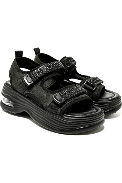 Guja 25Y417 Black Women's Stone Velcro Sequined Orthopedic Thick Orthopedic Sole Summer Sports Sandals Shoes