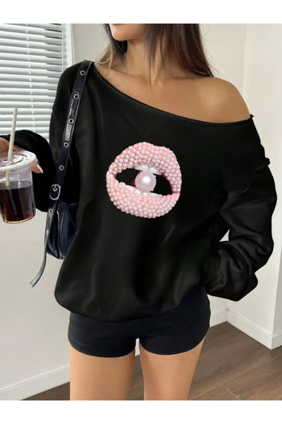 MELADYAN Kadın inci dudak baskılı oversize sweetshirt