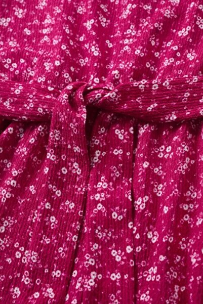 Kübra Tekstil Girls' Fuchsia Ruffle Sleeve Belted Floral Print Romper - Girls' Romper