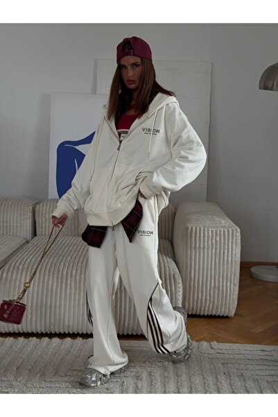 Gia Collection Women's Oversize Tracksuit Set Vision Printed White – Hooded Zipper Closure, Lace-Up Waist, Pipe Leg