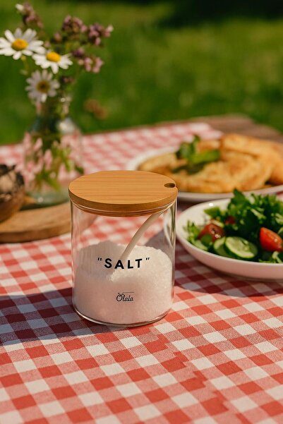 isra kristal وعاء توابل زجاجي مع ملعقة - حاوية تخزين بغطاء من الخيزران