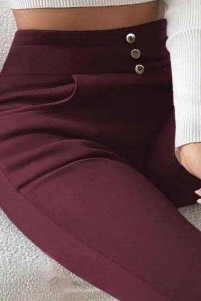 Mossta High Waist Button Detailed Pocket Diving Pants - Burgundy