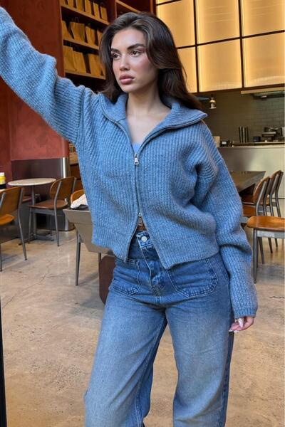 Madmext İndigo Çift Fermuarlı Kadın Triko Hırka Mg2532