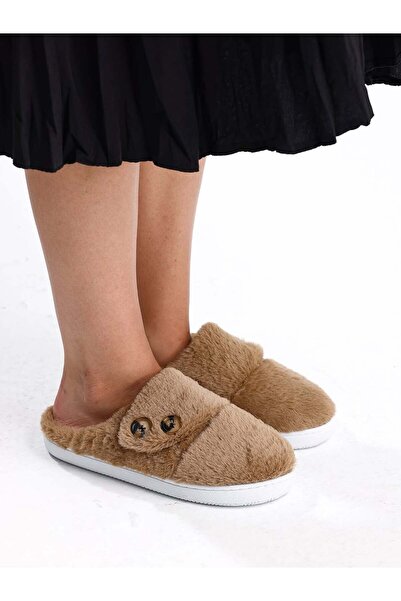 Behtah Kundura Beige Button Detailed Non-Slip Sole Plush Women's House Slippers with Complete Wool Inside