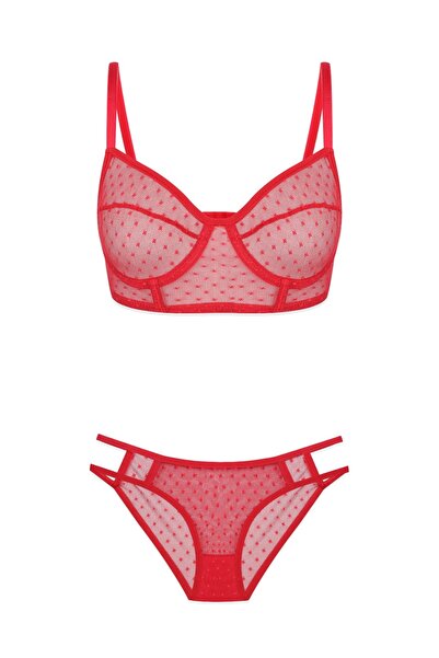 Koza soft Women's Transparent Red Lace Detail Bustier Bottom Top Set