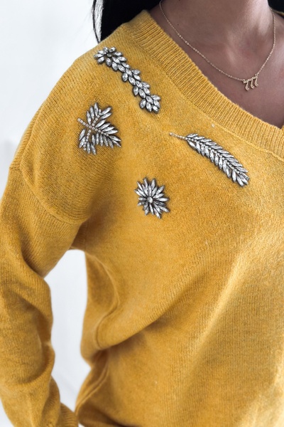 FEMELLE Hardal Taş İşlemeli Oversize Triko Kazak Standart Beden