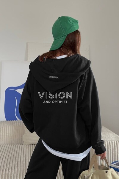 The Champ Clothing Γυναικείο σετ φόρμας oversize Vision με στάμπα μαύρο – Φούτερ με φερμουάρ, κορδόνι στη μέση, πόδια σε σχήμα σωλήνα