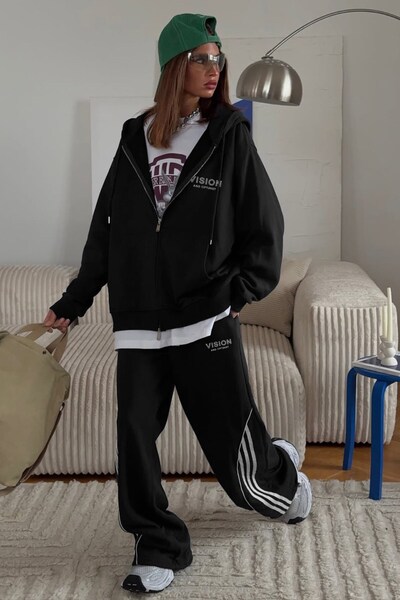 The Champ Clothing Γυναικείο σετ φόρμας oversize Vision με στάμπα μαύρο – Φούτερ με φερμουάρ, κορδόνι στη μέση, πόδια σε σχήμα σωλήνα