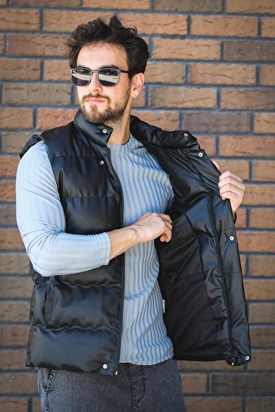 Oksit Oxfo Waterproof Stand Collar Men's Puffer Leather Vest with Pockets