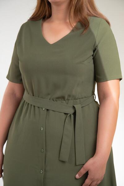 Roxxlen Büyük Beden Kemerlİ-Volanlı Elbise