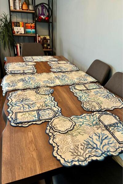 Çeyiz Diyarı Dalım Linen Embroidered American Dinner Set 19 Pieces Blue