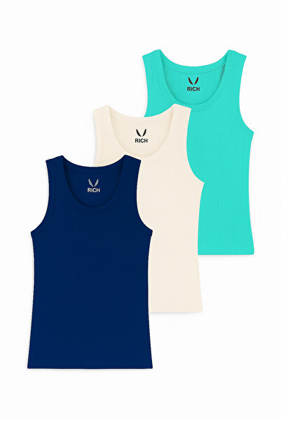 Rich Women's 3-Pack Navy Blue-White-Turquoise Zero Sleeve Camisole Bodysuit-Crew Neck 100% Cotton Undershirt Blu