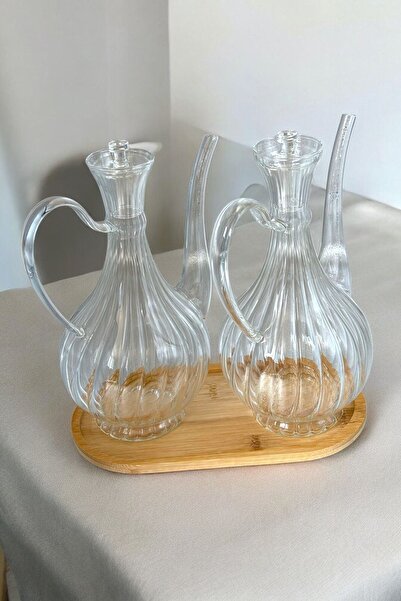 Reoona Borosilikat Cam Glorry Yağlık ve Sirkelik 2'li Set 700 ml +700 ml Bambu Standlı Çizgili Tasarım