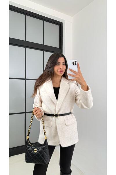 Gaus Ecru Lined Belted Plush Furry Jacket Gaus-00131