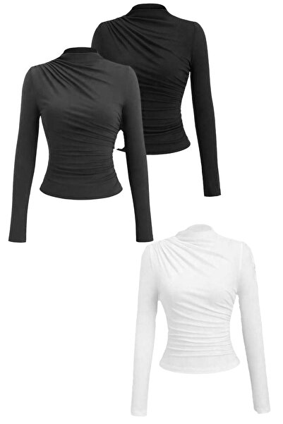 Cockatoo Kadın SİYAH BEYAZ GRİ Büzgülü Uzun Kollu Drapeli Sandy 3lü bluz