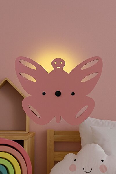 Begüsa Kelebek Pilli Aplik Pembe Ahşap