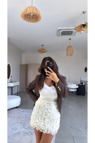 Buket Teke Fusta mini elastică în talie cu motiv floral din tul ecru