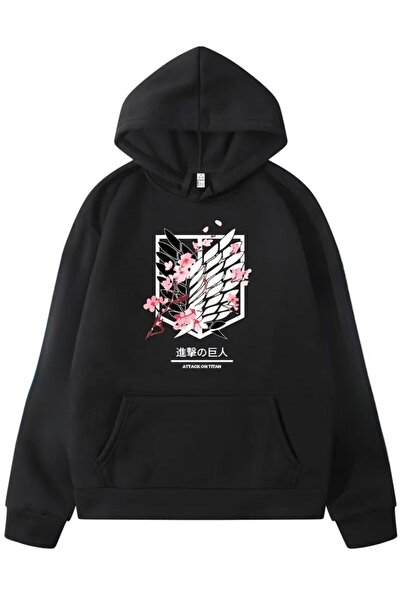 caddekombin Sakura Keşif Birliği Baskılı Kapüşonlu Cepli Pamuklu Siyah Sweatshirt