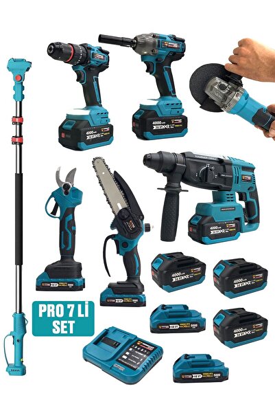 Germany Style Kömürsüz 7'li Set Teleskopik Kırıcı-Matkap-Budama Testeresi-Mak...