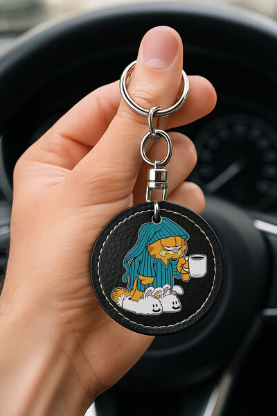 Cekuonline Patterned Leather Handmade Stitched Black Keychain for Auto Vehicl...