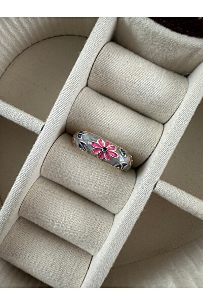 ringbox Gray Enamel Flower Pattern Adjustable Ring