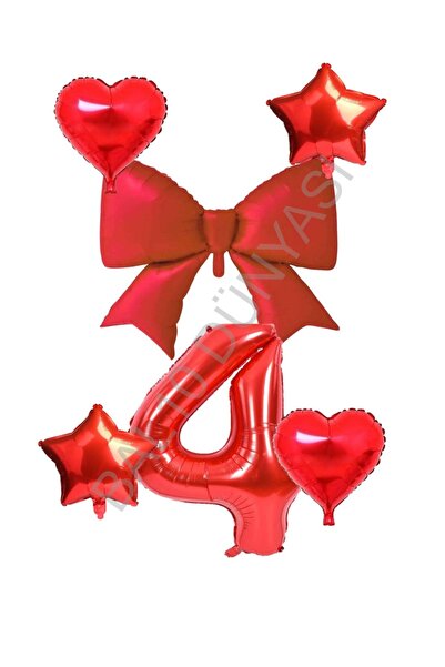 BAL10 DÜNYASI Red Color Heart Star Bow Number Foil Balloon Set Age 4