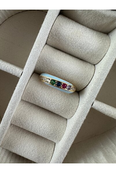 ringbox Blue Enamel Multi-Colored Stone Gold Ring
