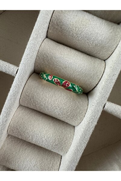 ringbox Thin Ring with Green Enamel Leaf Pattern