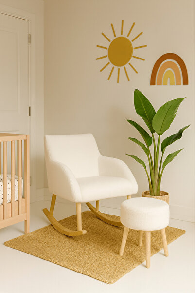 DEKOR MOBİLYACIM Nordikaniva Sallanan Sandalye ve Açık Krem Puf Tv Koltuğu Emzirme Koltuğu Okuma Koltuğu