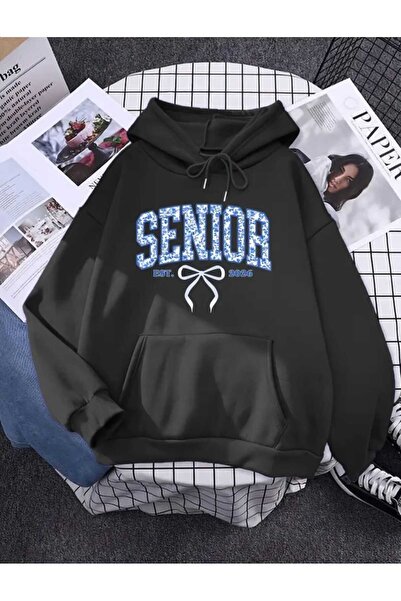 caddekombin Senior Ribbon Printed Hooded Cotton Black Sweatshirt with Pockets