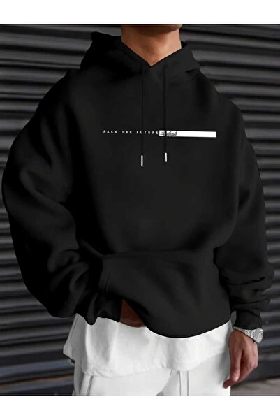 caddekombin Face The Future Baskılı Kapüşonlu Cepli Pamuklu Siyah Sweatshirt