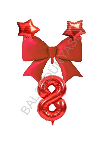 BAL10 DÜNYASI Red Color Star Bow Number Foil Balloon Set 8 Years Old