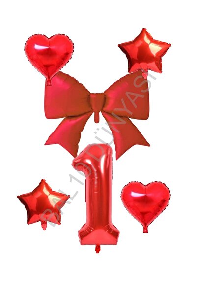 BAL10 DÜNYASI Red Color Heart Star Bow Number Foil Balloon Set Age 1