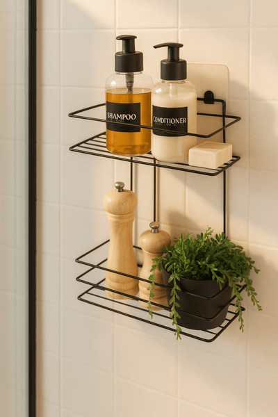 Patulya Aksesuar Dvostruka crna lepljiva polica za kupatilo, tuš, organizator...