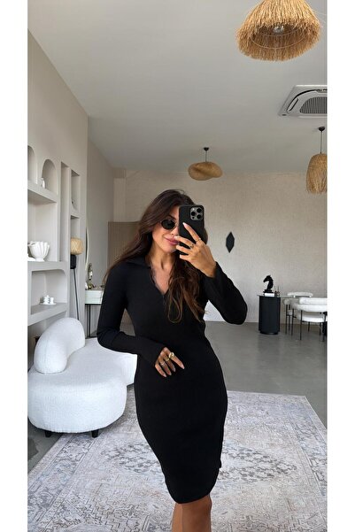 Buket Teke Черна рокля с яка и цип до коляното