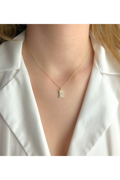 Şimal Silver 925 Ayar Gümüş Altın Kaplamalı Baget Taşlı - İ - Harfi Kolye