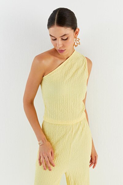 Shopping Shop One Shoulder Seersucker Fabric Blouse Pants Set Yellow