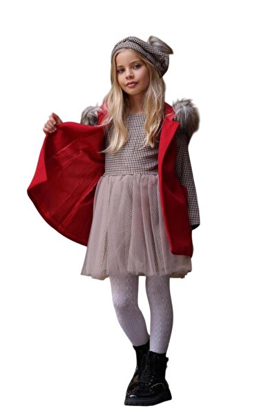 Riccotarz Rochie din tul cu model pătrat pentru fetiță, cu detaliu fără mâneci, roșu, cu broderie