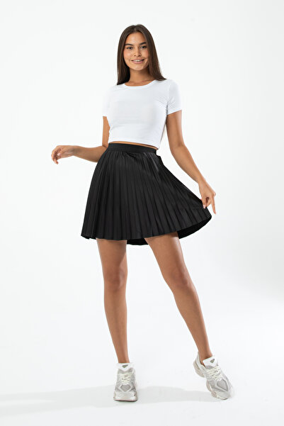 Suzella Siyah Saten Beli Lastikli Pileli Mini Etek