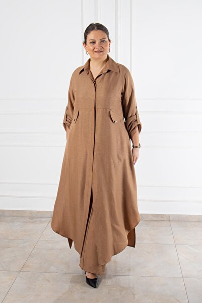 Bedrinxxl Kadın Büyük Beden Bej Uzun Gömlek Pantolon Cepli Düğmeli Tesettür T...
