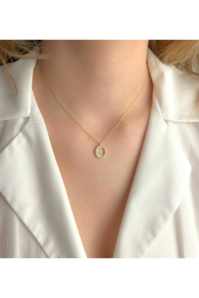 Şimal Silver 925 Ayar Gümüş Altın Kaplamalı Baget Taşlı - O - Harfi Kolye